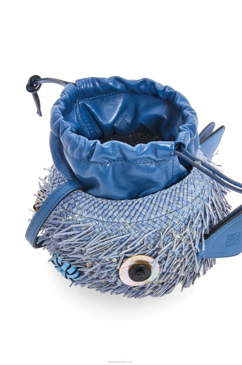 Loewe Blowfish pouch in iraca palm and calfskin 688V222 Women Denim Blue