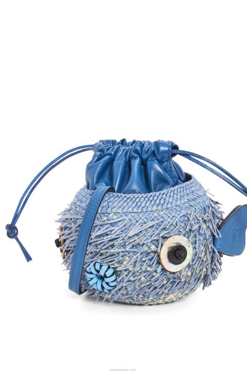 Loewe Blowfish pouch in iraca palm and calfskin 688V222 Women Denim Blue