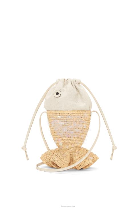 Loewe Fish pouch in canvas and raffia 688V221 Women Natural/Ivory