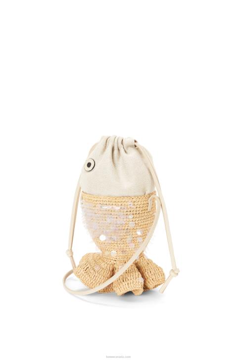 Loewe Fish pouch in canvas and raffia 688V221 Women Natural/Ivory