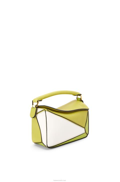 Loewe Mini Puzzle bag in classic calfskin 688V286 Women Lime Yellow/White