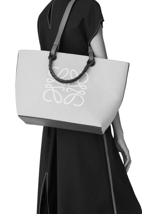 Loewe Anagram Tote bag in jacquard and calfskin 688V122 Women Ecru/Tan