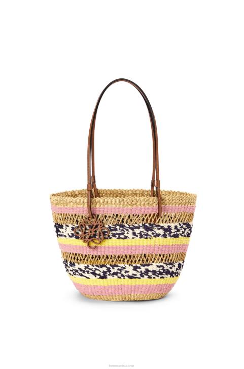 Loewe Basket Tote in elephant grass and calfskin 688V94 Women Natural/Pink Tulip