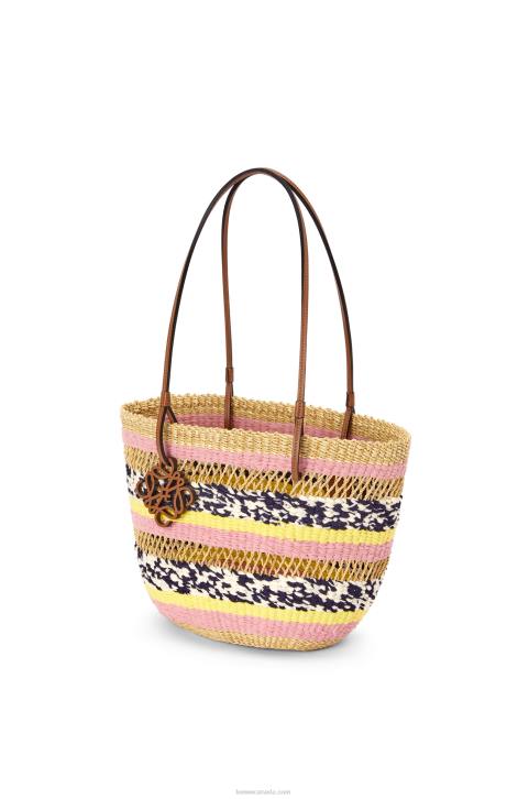 Loewe Basket Tote in elephant grass and calfskin 688V94 Women Natural/Pink Tulip