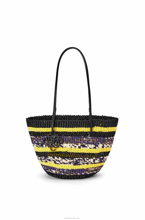 Loewe Basket Tote in elephant grass and calfskin 688V96 Women Black/Yellow