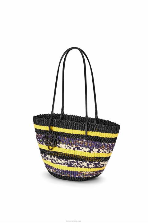 Loewe Basket Tote in elephant grass and calfskin 688V96 Women Black/Yellow