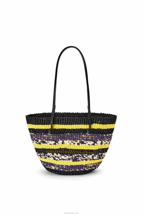 Loewe Basket Tote in elephant grass and calfskin 688V96 Women Black/Yellow