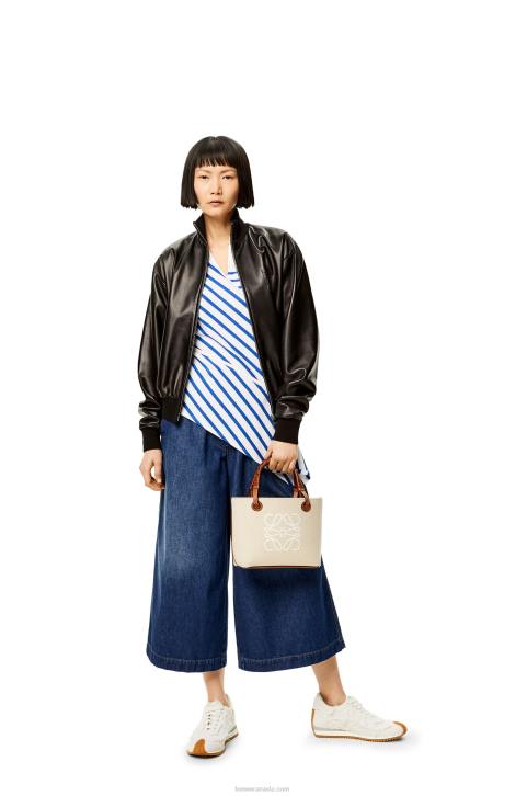 Loewe Mini Anagram Tote bag in jacquard and calfskin 688V128 Women Ecru/Tan