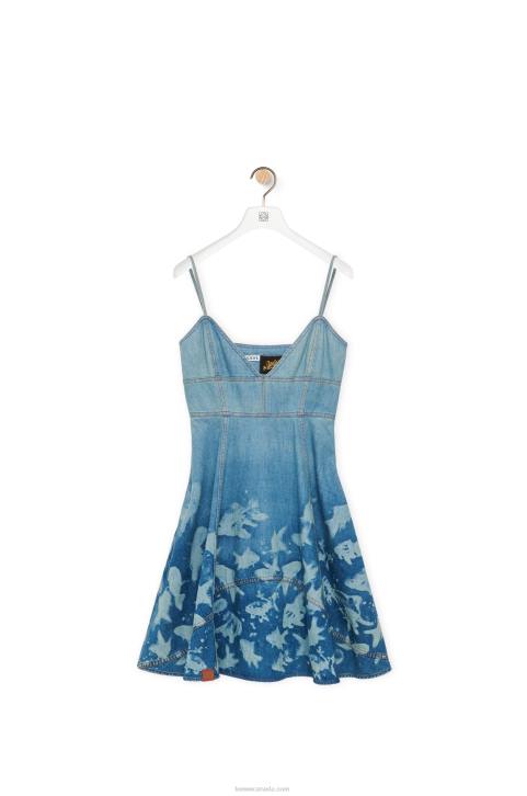 Loewe Fish strappy dress in denim 688V1046 Women Light Blue/White