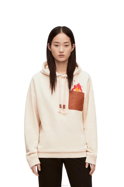 Loewe Calcifer leather patch hoodie in cotton 688V842 Women Ecru