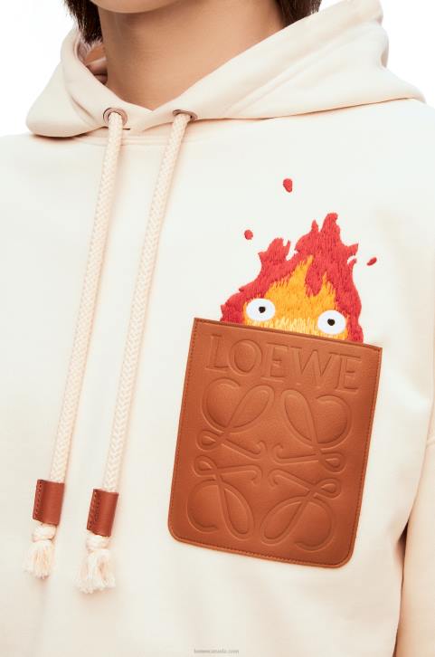 Loewe Calcifer leather patch hoodie in cotton 688V842 Women Ecru