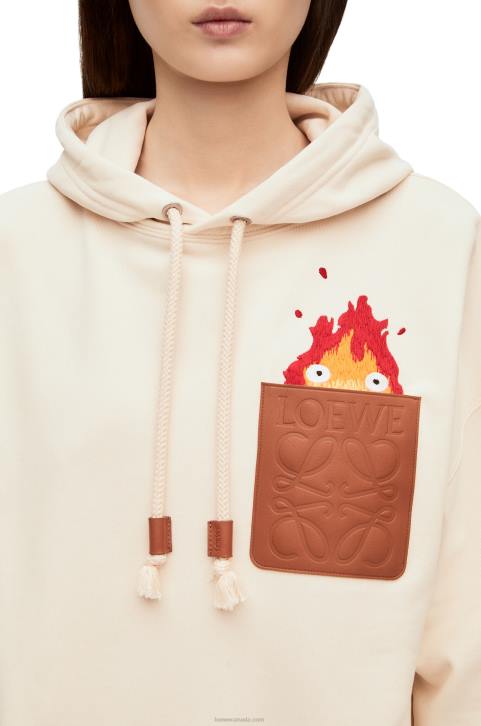 Loewe Calcifer leather patch hoodie in cotton 688V842 Women Ecru