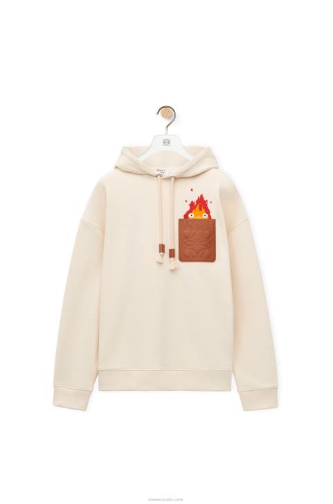 Loewe Calcifer leather patch hoodie in cotton 688V842 Women Ecru
