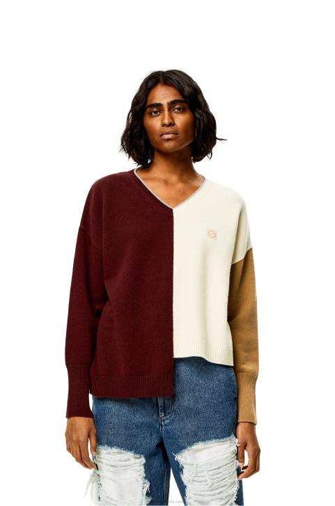 Loewe Anagram Asymmetric sweater in wool 688V1010 Women Brandy/Burgundy/Cream