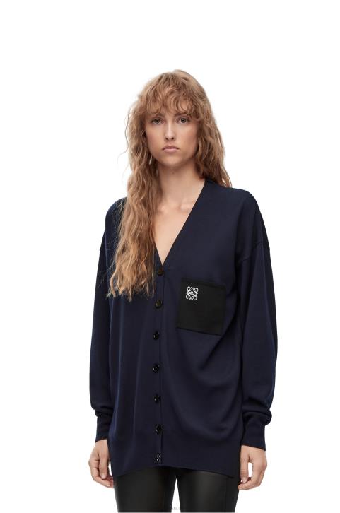 Loewe Anagram pocket cardigan in wool 688V986 Women Navy Blue