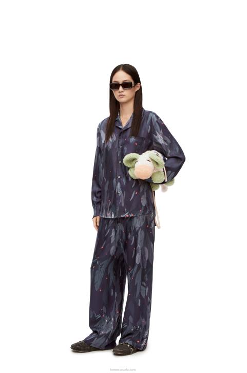 Loewe Feathers pyjama blouse in silk 688V944 Women Navy Blue