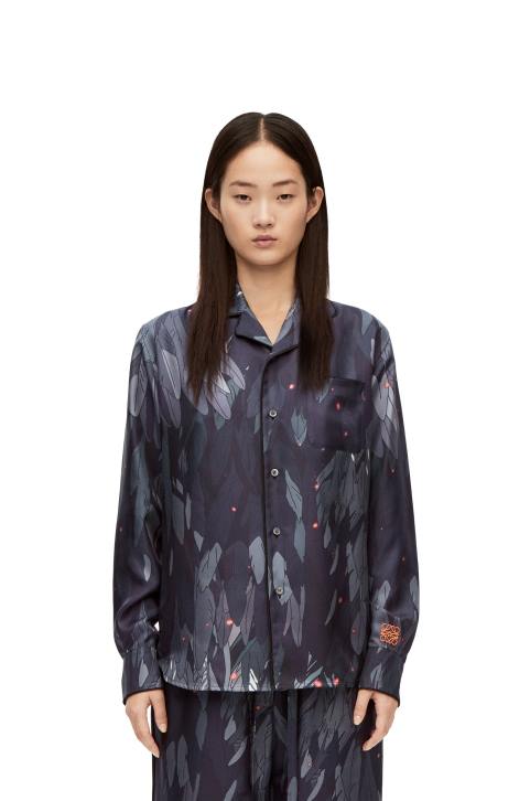Loewe Feathers pyjama blouse in silk 688V944 Women Navy Blue