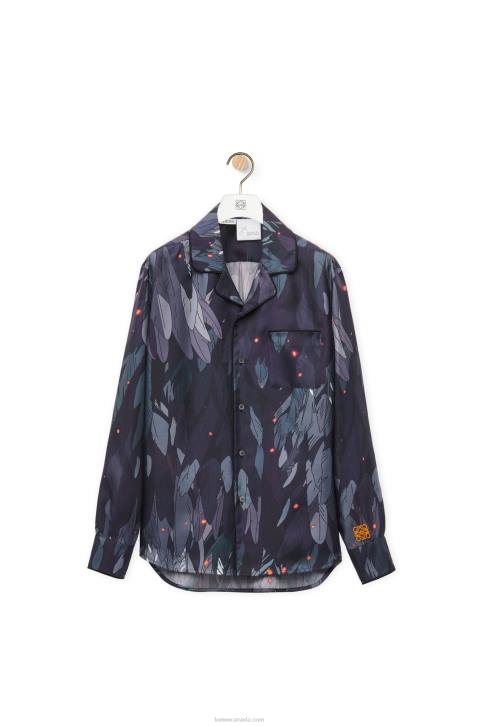Loewe Feathers pyjama blouse in silk 688V944 Women Navy Blue