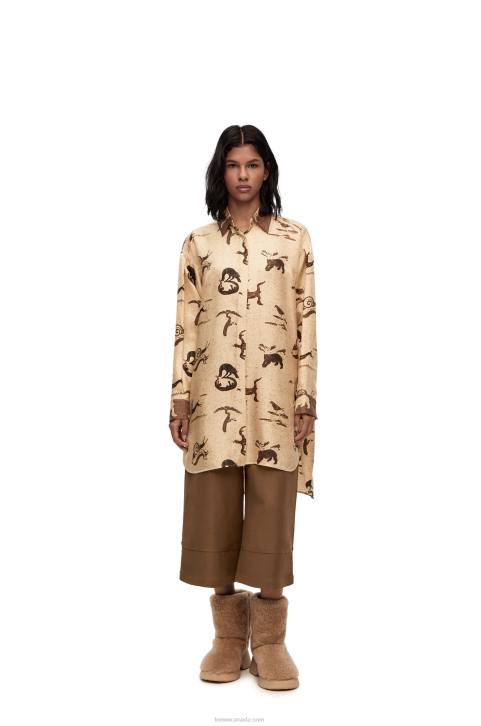 Loewe Animal print oversize shirt in silk 688V929 Women Light Beige/Brown