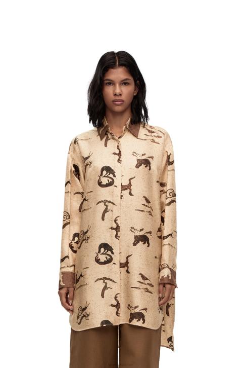 Loewe Animal print oversize shirt in silk 688V929 Women Light Beige/Brown