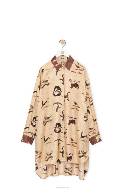 Loewe Animal print oversize shirt in silk 688V929 Women Light Beige/Brown