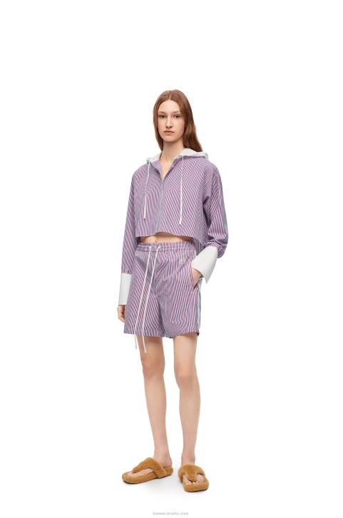 Loewe Cropped hooded shirt in striped cotton 688V857 Women Blue/Red