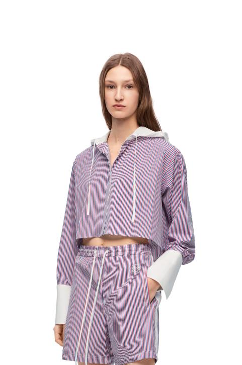 Loewe Cropped hooded shirt in striped cotton 688V857 Women Blue/Red