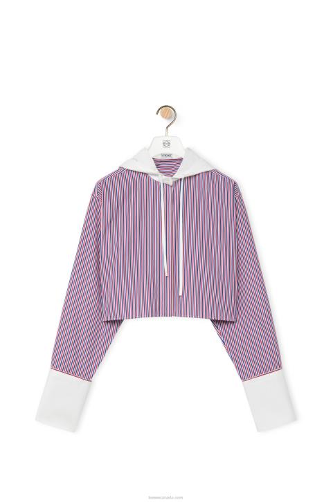 Loewe Cropped hooded shirt in striped cotton 688V857 Women Blue/Red