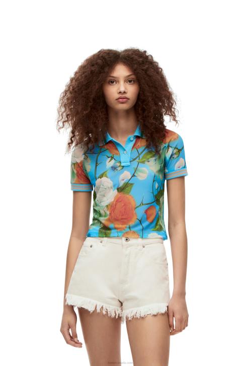Loewe Roses cropped polo top in mesh 688V790 Women Blue/Multicolor