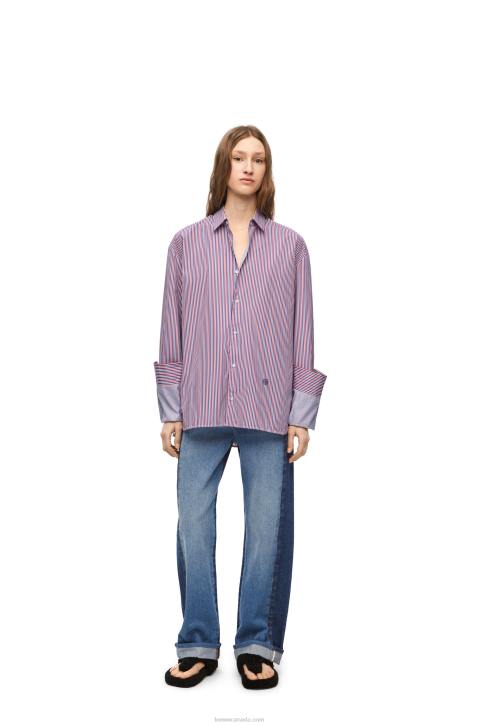 Loewe Turn-up shirt in striped cotton 688V856 Women Blue/Red