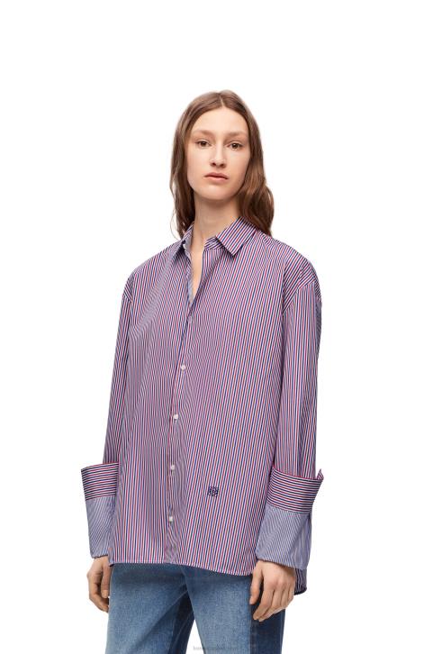 Loewe Turn-up shirt in striped cotton 688V856 Women Blue/Red